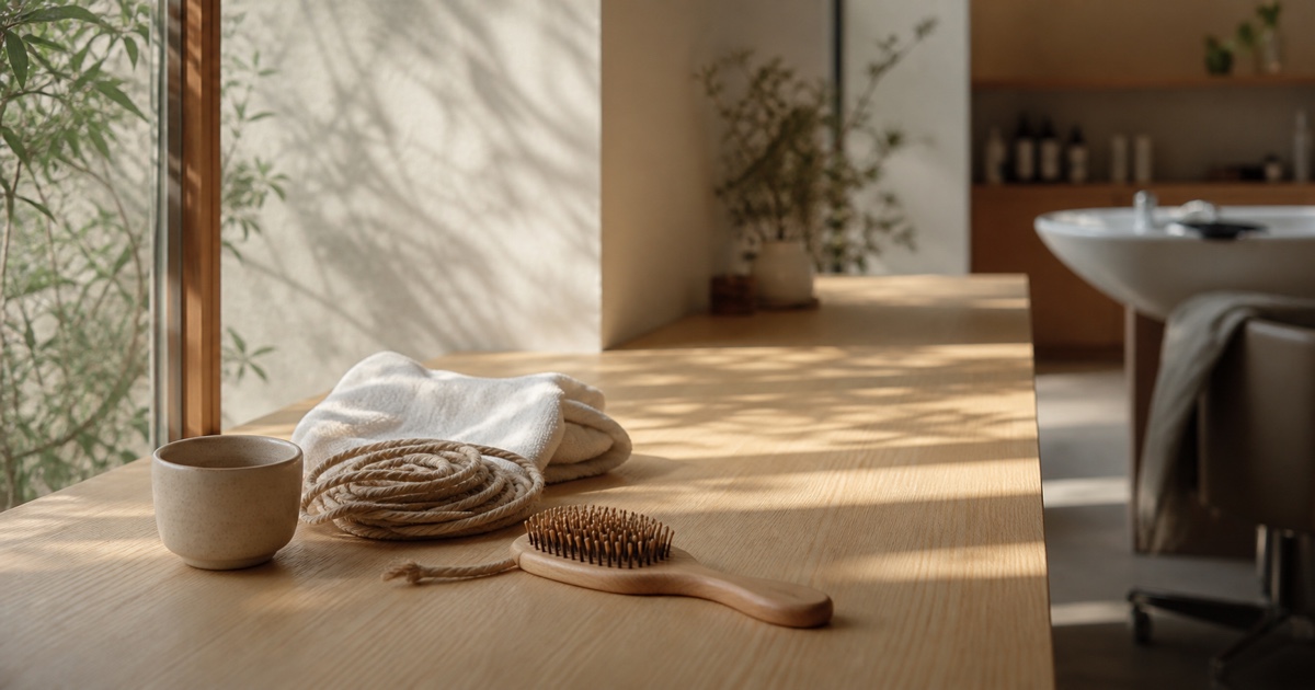 朝の光が差し込む美容室のカウンターとヘアブラシ